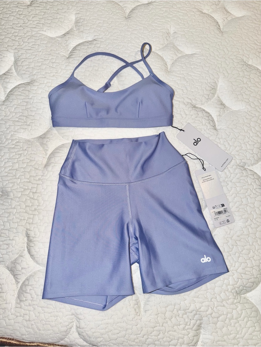 ALO Yoga LILAC BLUE Airlift Sports Bra & High-Waist Bike Shorts Set